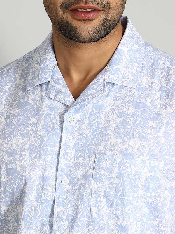 Indian Terrain Men's Regular Fit Half Sleeve Floral Print Blue Shirt
